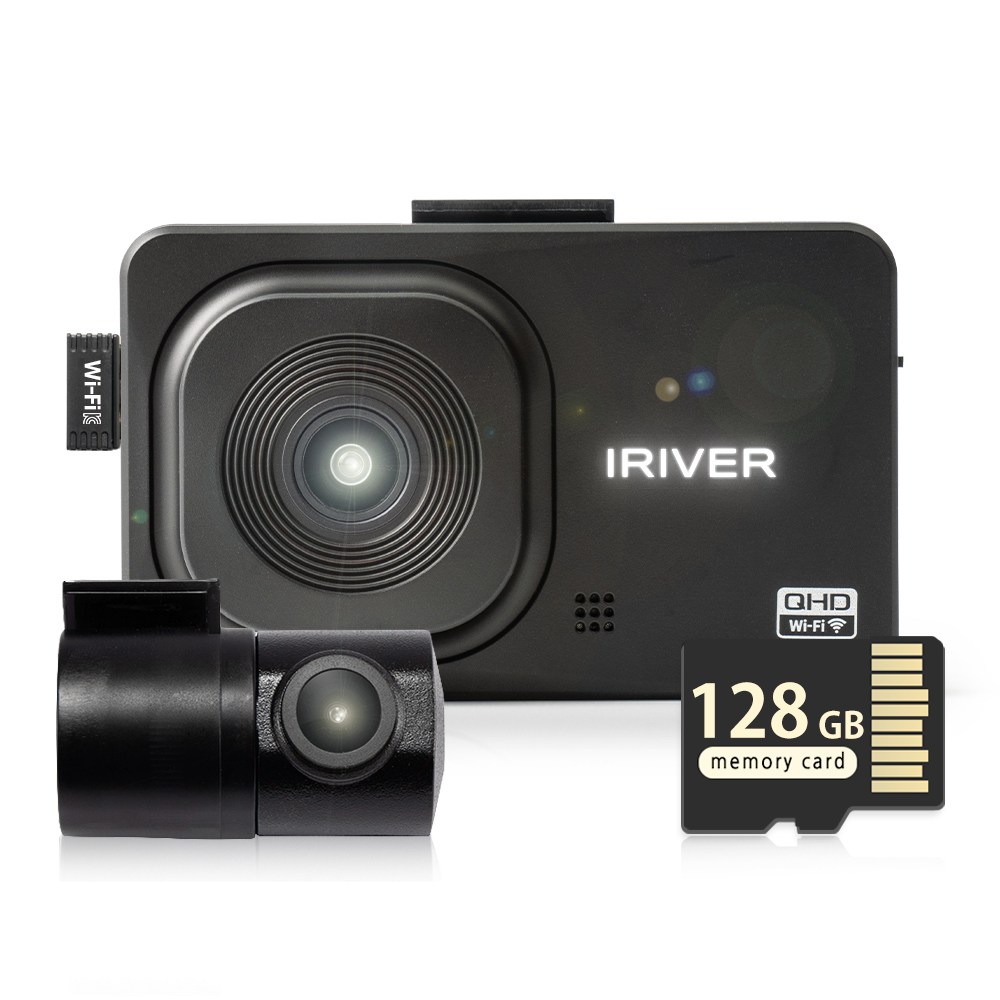 아이리버 2채널 QHD+FHD 초고화질 블랙박스 QF2 WiFi 스마트폰 연동지원, 128GB, WiFi 동글이 + GPS안테나 + 무료출장장착권